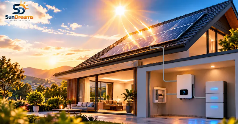 Casa con impianto fotovoltaico, inverter e accumulo illuminata dal sole al tramonto